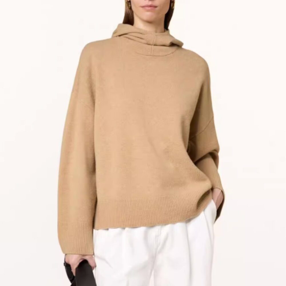 BEST Barbour Evette Knitted Hoodie Sweater Light Brown Tan Beige Wool Quiet Lux
